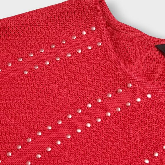 Ming Wang Red Studded Pointelle Knit Poncho One Sleeve Top Medium Elegant Modern - Picture 14 of 14